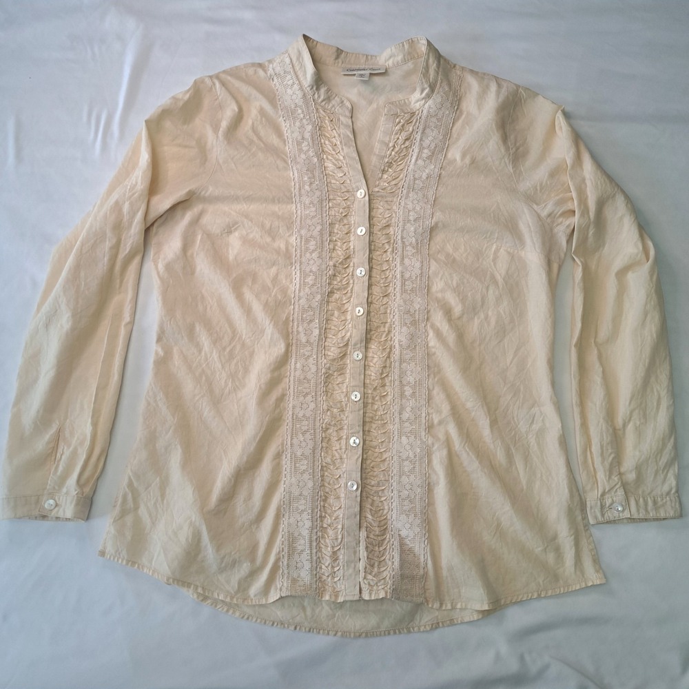Coldwater Creek Pintuck Pleat w/ Lace Trim Blouse Lg Prairie Lagenlook Romantic